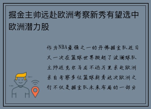 掘金主帅远赴欧洲考察新秀有望选中欧洲潜力股
