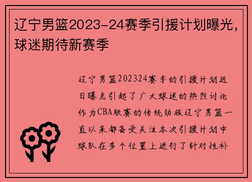 辽宁男篮2023-24赛季引援计划曝光，球迷期待新赛季